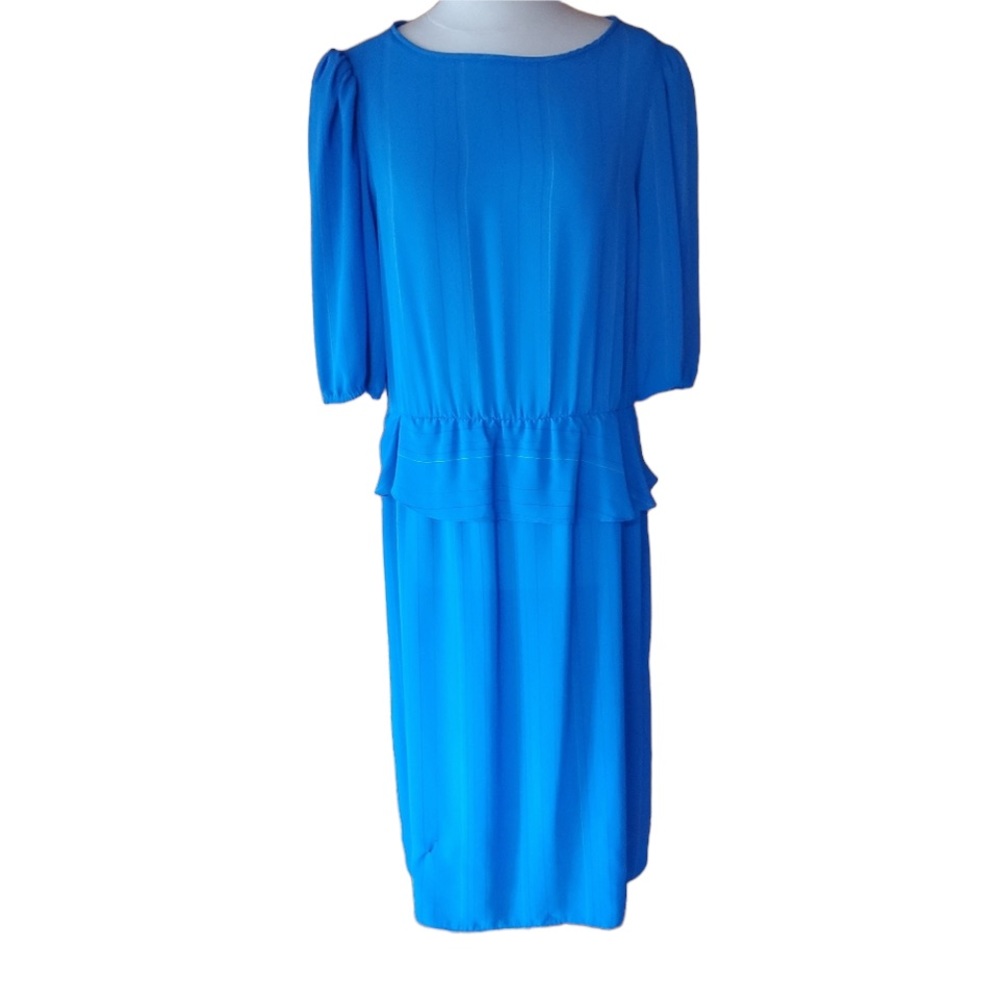 1980s Lizzy & Johnny Blue Pinstripe Peplum‎ Dress
